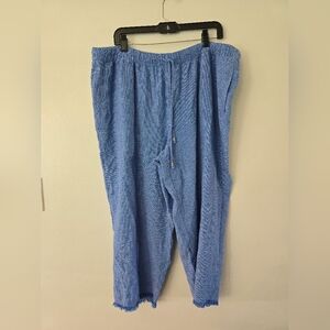 Susan Graver XL Blue Linen Blend Capri/Crop Pants Frayed Raw Bottom